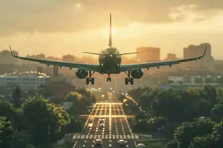 Avião voando em uma cidade bem arborizada.