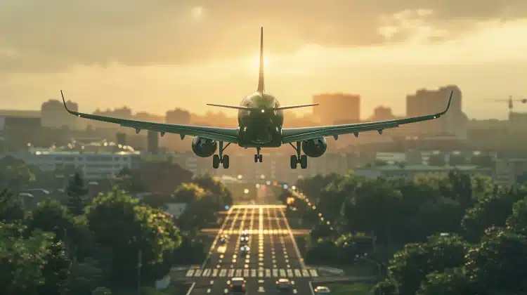 Avião voando em uma cidade bem arborizada.